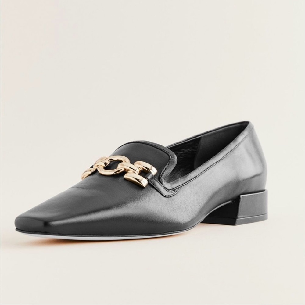 Reformation Black and Gold Loafers with Sleek Square-Toe